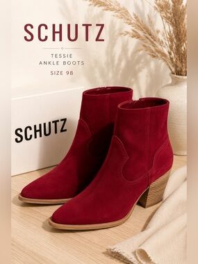 Schutz Tessie Red Suede Western Ankle Boots NIB Size 9B